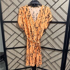 *NWOT* Nine West Peach & Black Abstract Paint Splash Design Wrap Dress - XL
